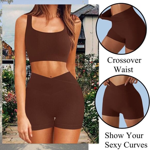 Workout Sets for Women Two Piece Sexy Summer Sports Bra and Crossover Shorts Mat - Picture 3 of 6